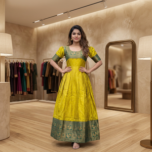 Robe Anarkali longue en soie jaune avec bordure verte, tenue traditionnelle indienne pour femmes, coupe ample, toutes saisons - Product Image 1