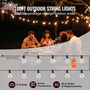 ไฟ LED กลางแจ้งแบบสายยาว 100 ฟุต ปรับความสว่างได้ พร้อมหลอดไฟกันแตก G40 50 หลอด ขั้วหลอด E12 2700K กันน้ำ - Product Image 4