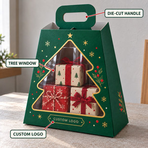 Boîte cadeau personnalisée en forme de sapin de Noël vert avec poignée de transport, emballage en papier imprimé - Product Image 6