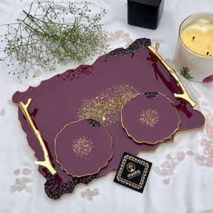 Plateau de service décoratif en résine époxy avec poignée en métal doré de luxe moderne, compatible lave-vaisselle, pour la maison, la salle à manger, le thé, le café, l'hôtellerie - Product Image 1