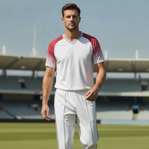 Custom <b>Cricket</b> Uniform Sublimation Team Jersey Trousers Set Men's <b>White</b> Red Stripe Moisture Wicking Rugby Apparel All Seasons - Product Image 5
