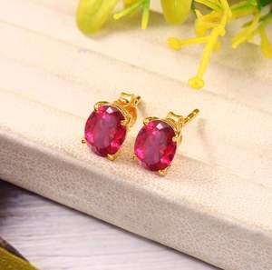 Pendientes de Rubí de Mozambique, Gema Roja Ovalada, Plata de Ley 925, Chapado en Oro de 14K - Product Image 4