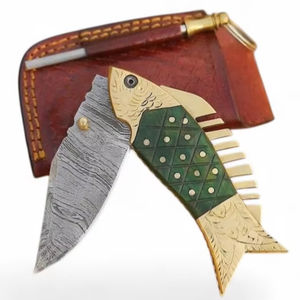 Cuchillo de Bolsillo EDC Multifuncional de Acero de Damasco con Mango de Madera y Latón, Personalizable al por Mayor OEM/ODM, para Camping y Caza - Product Image 1