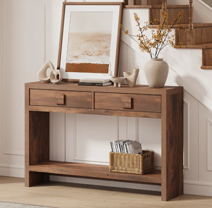 Mesa Consola Rústica de Madera con 2 Cajones y Estante de Almacenamiento Inferior, Mesa de Entrada Rectangular Marrón para Sala de Estar - Product Image 1