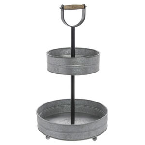 Plateau de présentation à étages en fer durable pour gâteaux et cupcakes, style rustique campagnard, support de service en métal galvanisé à 2 niveaux avec poignée en bois - Product Image 1