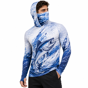 Sudadera con Capucha de Pesca Personalizada Unisex Blanca con Camuflaje Marino, Manga Larga, Gráfico Sublimado de Pez Bass, Secado Rápido, Máscara Facial, Protección UPF - Product Image 5