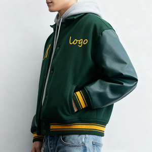 Custom Logo Chenille Embroidery Patch top Quality Green Vintage Faux Leather Sleeves Letterman Varsity Bomber <strong>Jacket</strong> for Unisex - Product Image 2