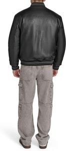 <b>Men's</b> Black PU <b>Leather</b> Bomber <b>Jacket</b> Stand Collar Button Closure Casual Style Autumn Wear Regular Fit Solid Color - Product Image 6