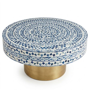 Table basse ronde en os de chameau fait main, design géométrique noir et blanc, table centrale de luxe avec base en laiton doré, vente chaude - Product Image 5