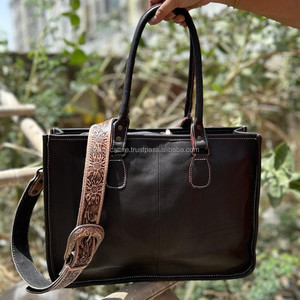 Western Real Hair on Hand Tooled cuero mujer girasol bolso de mano elegante tallado a mano cuero Floral vaquera cartera Combo Set - Product Image 5