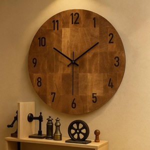 Horloge murale ronde en bois, design géométrique abstrait, quartz silencieux, style rustique, décoration de salon - Product Image 6