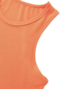 Débardeur court côtelé orange pour femme, col rond, sans manches, couleur unie, respirant, en Spandex/Nylon, coupe ajustée, pour le yoga, avec logo frontal - Product Image 4