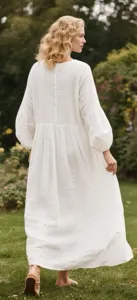 Women White Cotton Maxi <b>Dress</b> V Neck <b>Long</b> Sleeve Loose Fit Flowy <b>Boho</b> Style <b>Dress</b> - Product Image 4