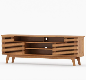 ตู้วางทีวีไม้สักแท้สไตล์โมเดิร์น พร้อมบานประตูแบบระแนงและชั้นวางแบบเปิด ตู้คอนโซลไม้สไตล์มินิมอลสำหรับห้องนั่งเล่น - Product Image 2