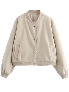 Stylish Beige Varsity <b>Jacket</b> Soft Bomber Coat Casual Baseball <b>Jacket</b> for <b>Lady</b> Fashion Plain Design Button Up Sportswear Women - Product Image 6