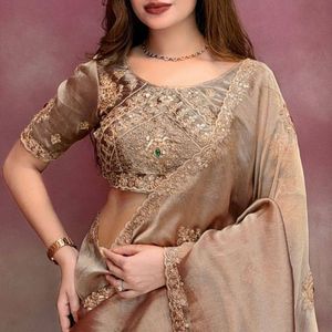 Luxury Rose <b>Gold</b> Saree with Full Zari and Sequin Embroidery With Cutwork and Stone Work With Unstitched <b>Blouse</b> by Royal Export - Product Image 2