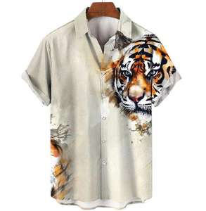 Retro Men's Heavyweight Short Sleeve Shirt 4 Way Stretch <b>Animal</b> Print Lapel Collar 100% Polyester <b>Knitted</b> Fabric Summer Casual - Product Image 5
