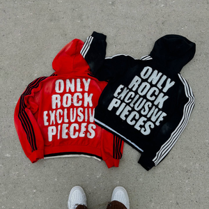 Sweat à capuche zippé triple couche personnalisé style streetwear, délavé à l'acide, vintage, coupe ample et carrée, effet usé, avec strass - Product Image 6