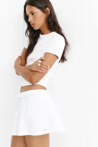 Jupe-short en maille polyester/coton blanc, taille mi-haute, élastique, à volants, décontractée, respirante, pour femme - Product Image 3