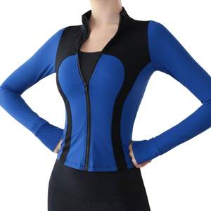 Veste de yoga contrastée bleue, haut de sport à manches longues, respirant, haute élasticité, vêtements de sport athlétiques pour femmes, veste zippée intégrale ajustée - Product Image 1