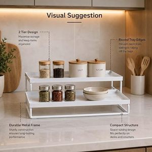 Minimalist Double Tier <b>Metal</b> Storage Rack Rectangular Standing Type for Bathroom Sundries Stackable Design <b>White</b> Finish - Product Image 2
