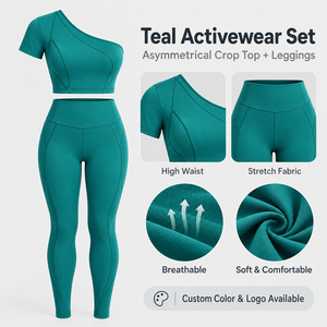 Ensemble asymétrique haut court à une épaule et leggings taille haute pour femme, tenue de yoga et de sport tendance, personnalisable OEM - Product Image 6