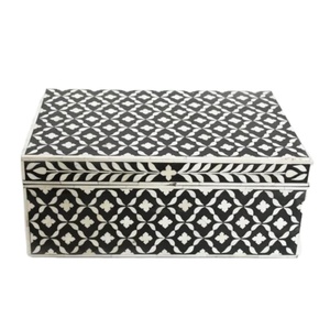 Boîte en bois rectangulaire bleue faite à la main de qualité supérieure avec incrustation d'os complexe et diamant MOP parfaite pour le stockage de bijoux et les cadeaux - Product Image 1