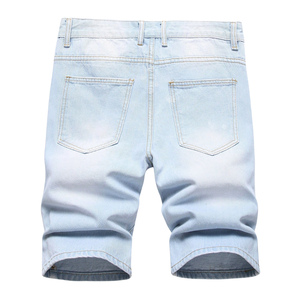 Shorts en jean déchirés et délavés pour homme, coupe droite, en coton, bleu clair, respirant, séchage rapide, style vintage, pour l'été - Product Image 2