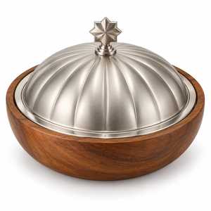 Réchaud alimentaire en acier inoxydable avec base en bois, couvercle design étoile, récipient de stockage alimentaire durable, plat à gratin rond en bois - Product Image 1