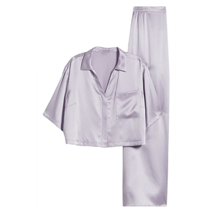 Custom Elegant Silk <b>Crop</b> Top Sleepwear Lapel Neck Sublimation Print Luxury Satin <b>Pajama</b> Set Flared <b>Pajamas</b> Woman's Set - Product Image 4