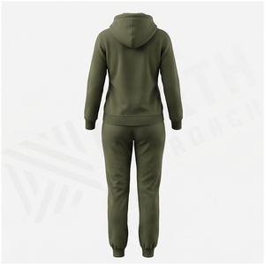 Women Olive Green Hooded Tracksuit 2-Piece Set <b>Full</b> <b>Zip</b> <b>Sweatshirt</b> Jogger Pants Solid Color Casual Autumn Wear - Product Image 2