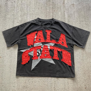 Applique en détresse Patch brodé lettre 100% coton surdimensionné High Street hommes T-Shirts pierre unisexe - Product Image 1