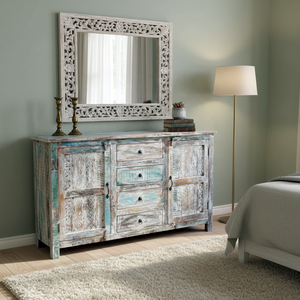 Aparador de Madera Maciza Blanqueada, Madera Reciclada, 2 Puertas, 4 Cajones, Gabinete de Almacenamiento Grande y Duradero, Estilo Rústico, Buffet de Granja, Aspecto Envejecido - Product Image 1