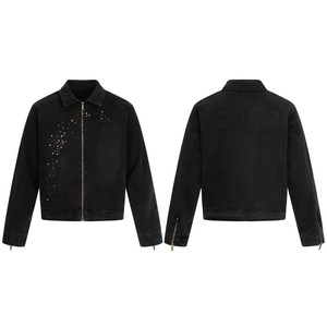 Unisex Trendy Punk Washed Denim <b>Jacket</b> Colorful <b>Rhinestone</b> Design Covered Button Closure Regular Length Eco-Friendly Breathable - Product Image 1