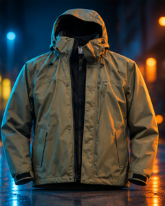 <b>Men's</b> Olive <b>Green</b> Hooded <b>Waterproof</b> Breathable Quick Dry <b>Jacket</b> PU Coated Casual Windbreaker Zipper Closure Regular Fit Front - Product Image 2