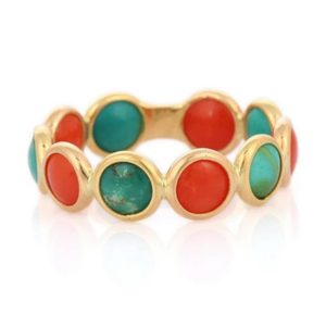 18K Yellow Gold Eternity Band with Coral and Turquoise Pave Setting - Product Image 2