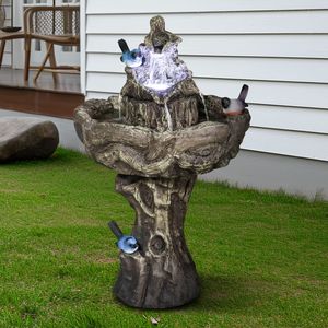 Fontaine à oiseaux en béton éclairée par LED de 26,7 pouces de hauteur, design d'arbre simulé avec piédestal pour l'aménagement de jardin - Product Image 4