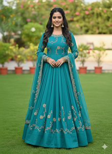 Vestido Anarkali de Georgette Azul Turquesa con Exquisitos Detalles en Dorado, Cuello Redondo Elegante - Product Image 5