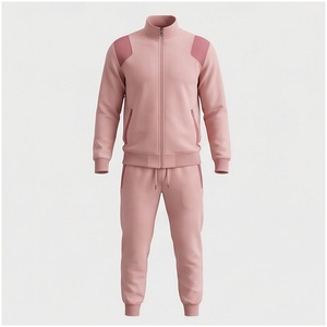 Ensemble de survêtement unisexe rose à manches longues, col montant, fermeture éclair sur le devant, couleur unie, respirant, coupe décontractée, pour l'automne - Product Image 1