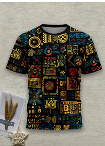 Men s Black Short Sleeve T-<b>Shirt</b> With Geometric Pattern O-Neck Casual Woven Fabric Printed Design Black geometric patterned - Product Image 3