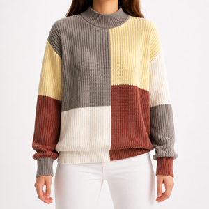 Women's Color Block Chenille Shaker Stitch Sweater 100% Polyester Chunky Knit Mock Neck <b>Pullover</b> | OEM Manufacturer - Product Image 1