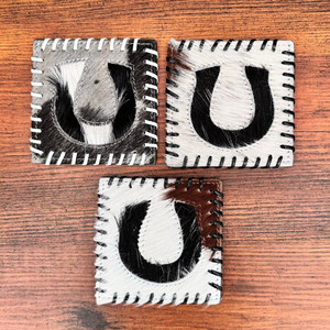 Le plus récent ensemble de sous-verres en cuir de vachette fer à cheval fait à la main sous-verres en cuir véritable décor de Table rustique Unique Western Hair-on sous-verres - Product Image 2