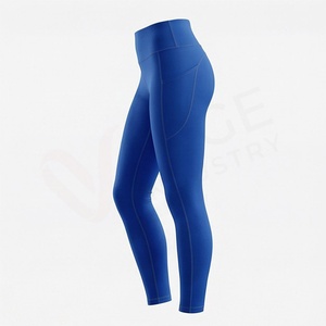 Leggings de Yoga de Cintura Alta y Longitud Completa con Bolsillos, Diseño Sin Costuras de Nailon y Spandex Azul Sólido - Product Image 3