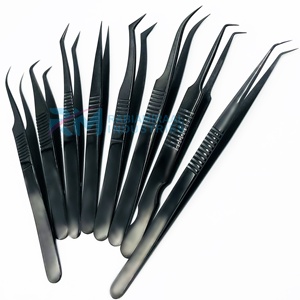 Pince à épiler antistatique en acier inoxydable noir RMI pour extensions de cils, pointe lisse, précision, 14 cm, 12 cm, ensemble de 8 pinces à pointes différentes - Product Image 1