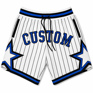 Pantalones Cortos de Baloncesto Personalizados para Hombre, Blancos con Rayas Azules, Cintura con Cordón, Bordados, Tallas Grandes, Ropa Deportiva Informal - Product Image 5
