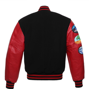 Blouson matelassé noir et rouge pour homme, corps en laine, manches en cuir PU, patchs brodés avec logo C, style preppy, col montant, lettres en toile - Product Image 2