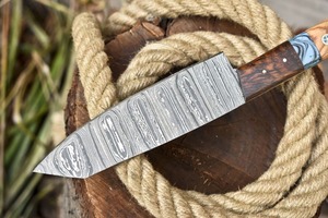 Cuchillo de Caza Artesanal de Acero de Damasco, Hoja Fija de Punta Caída con Espiga Completa, Mango de Madera, Cuchillo de Supervivencia para Exteriores - Product Image 6