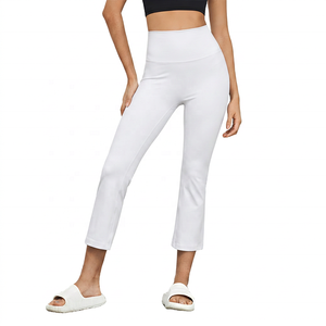Leggings de yoga taille haute mi-mollet noirs unis en Spandex et Polyester avec taille élastique, pantalon de sport pour femme, tenue d'entraînement - Product Image 6