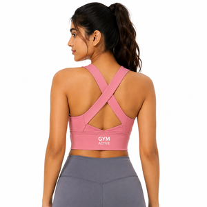 Women's <b>Pink</b> Sports Bra High Waist Leggings <b>Set</b> Crisscross Straps High Support Front Seamless Custom <b>Gym</b> Activewear Yoga Workout - Product Image 2