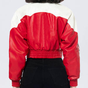 Women’s Cropped Red PU Leather Motorcycle <b>Jacket</b> Waterproof Cotton-Filled Racing Style with Custom Embroidered <b>Patches</b> - Product Image 2